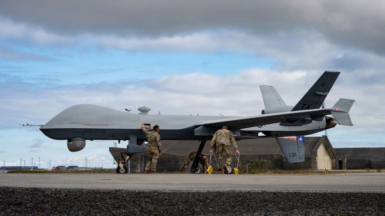 US Air Force Airmen assigned to the 147th Aircraft Maintenance Squadron, Texas Air National Guard, conduct preflight and postflight inspections on an MQ-9 Reaper aircraft at Keflavík Air Base, Iceland, in support of a search and rescue training mission during exercise Northern Viking 26, August 28, 2026.