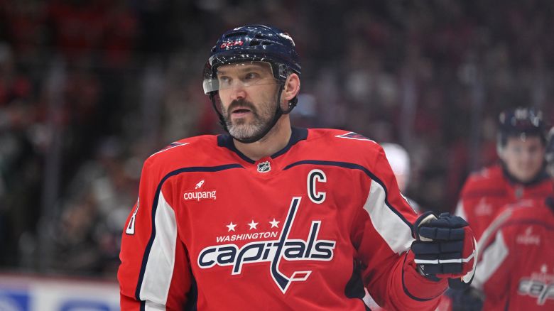 Alex Ovechkin #8 of the Washington Capitals skates against the Pittsburgh Penguins on April 12, at Capital One Arena in Washington, DC.