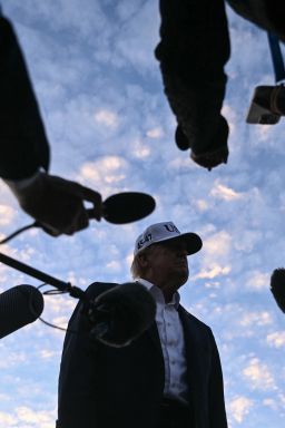President Donald Trump speaks to members of the media before boarding Air Force One to leave from Shannon Airport in Ireland on September 13.